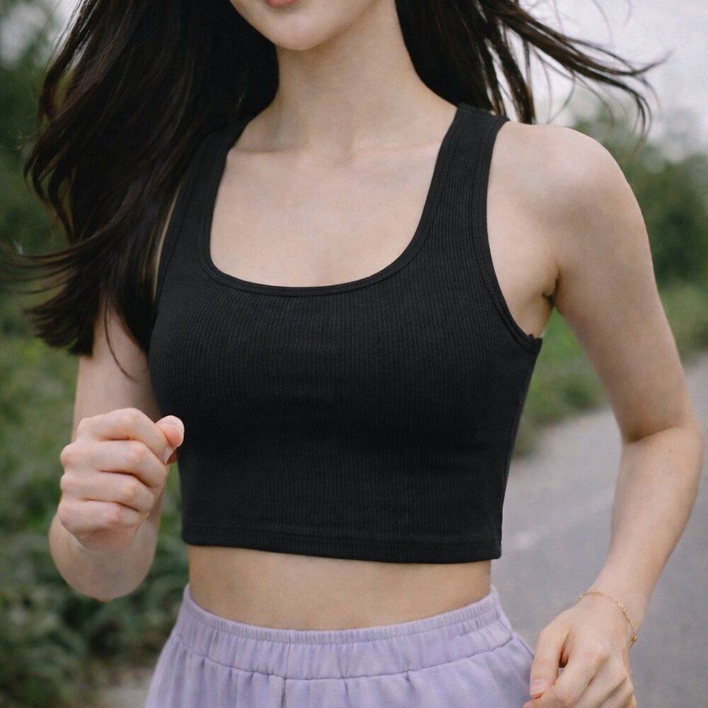 OQQ Black Ribbed Square Neck Crop Tank, Small